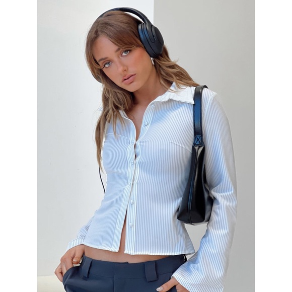Annie Wear Striped Button Detail Long Sleeve Polo Top